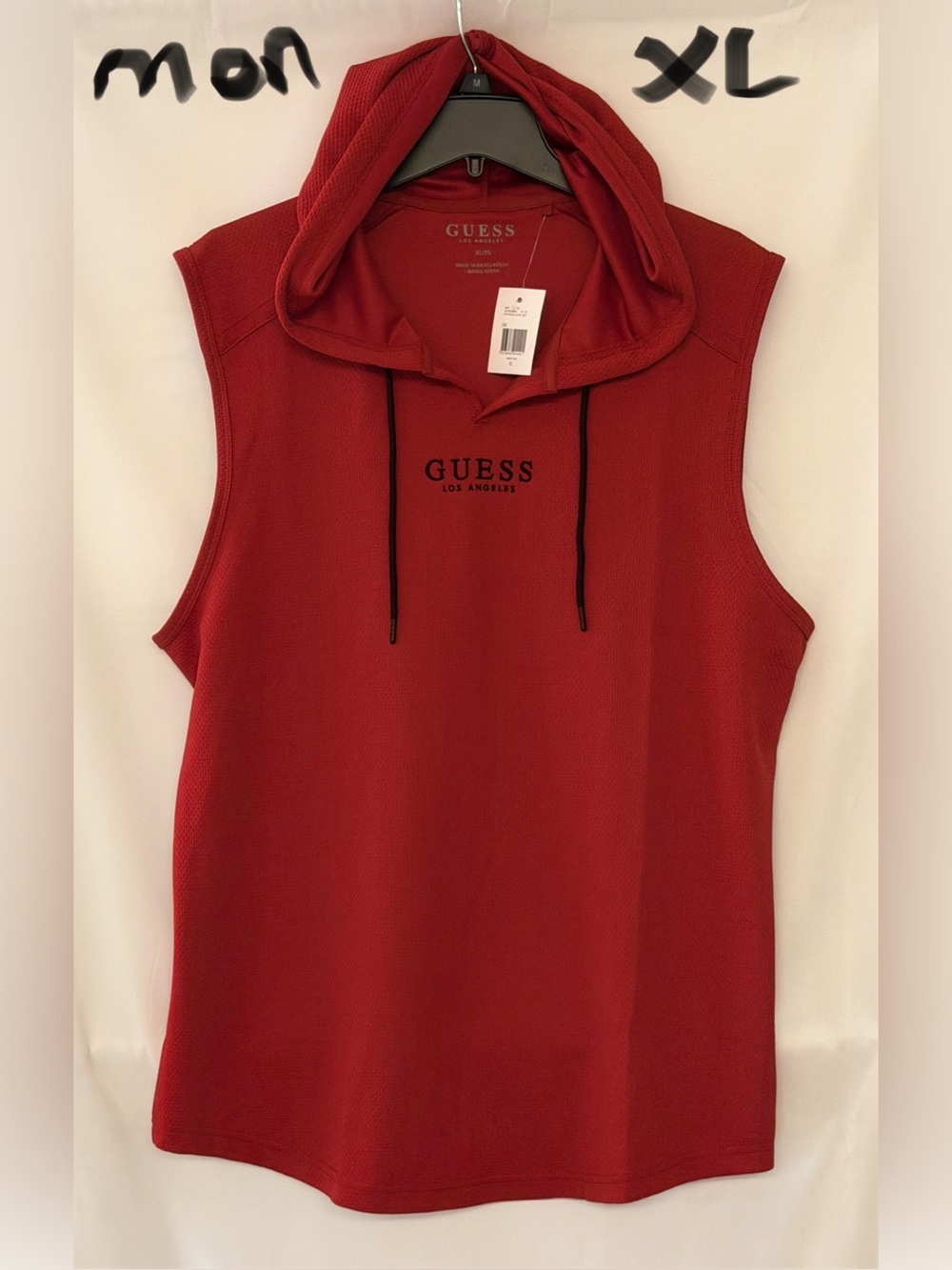 GUESS Red Sleeveless Hooded Muscle Tee with Black Drawcords